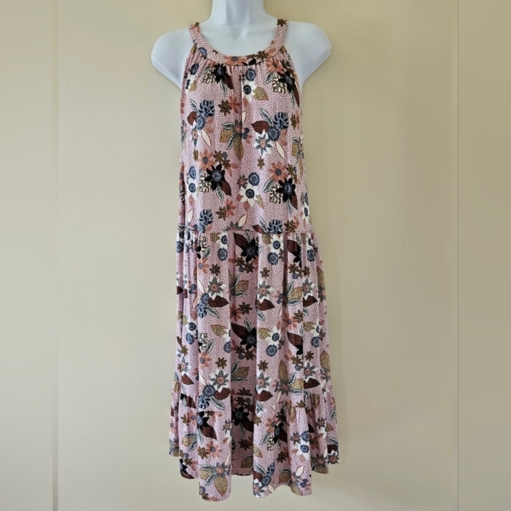 NWOT LOFT Pink Floral Sleeveless Halter Tiered Swing MIDI Dress Size 14
